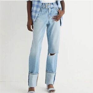 J.Crew Slouchy Boyfriend Jeans Ripped Knee Cuffed‎ Hem Light Wash Size 27 /s1